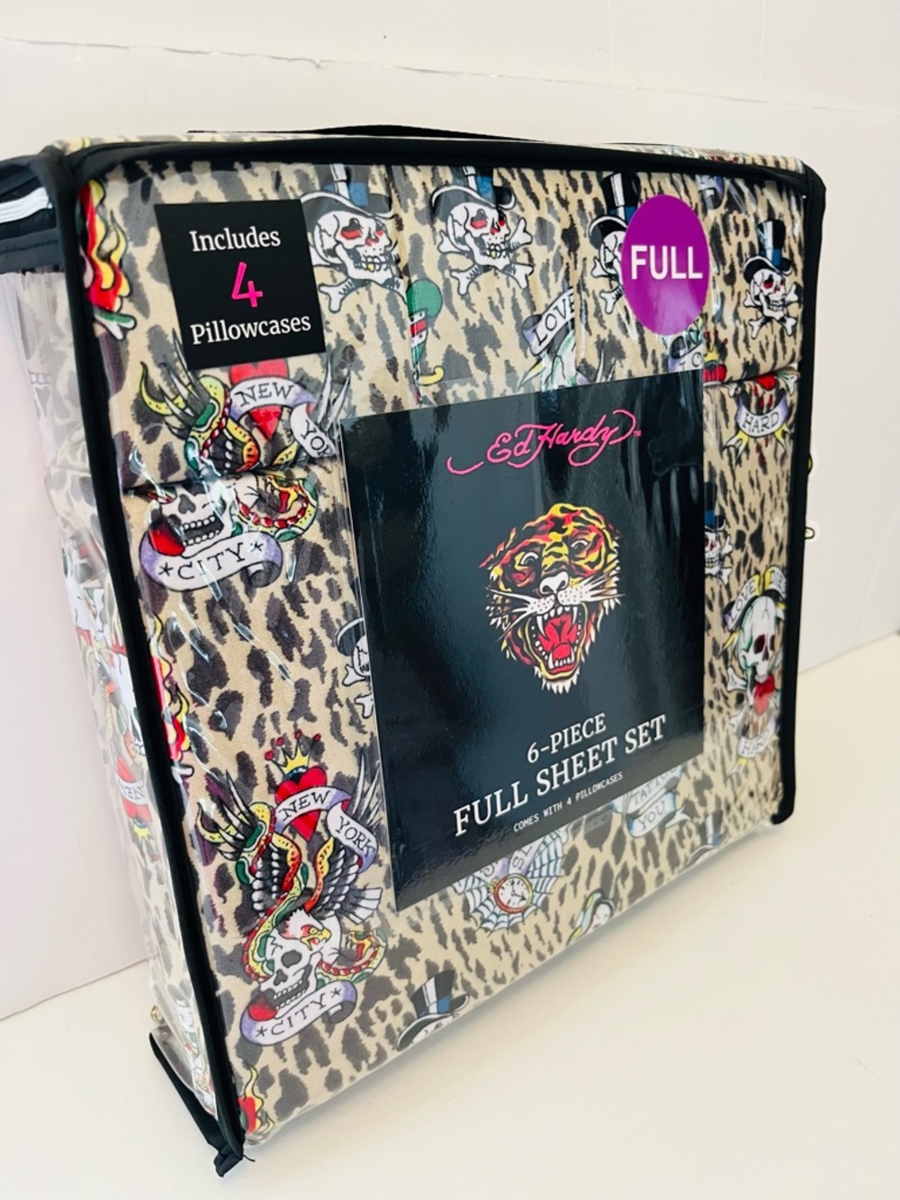 Ed Hardy 6 Piece Full Size Sheet Set Love Dies Hard Leopard Print Skulls Snakes